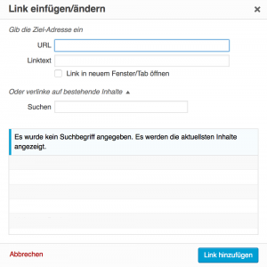 Link hinzufügen/ändern Dialog in WordPress 4.2.1